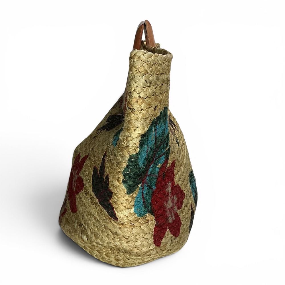 Antik Kraft Tan Floral Jute Tote Bag Women Large Woven Wood Handle Straw Shopper - Picture 7 of 16